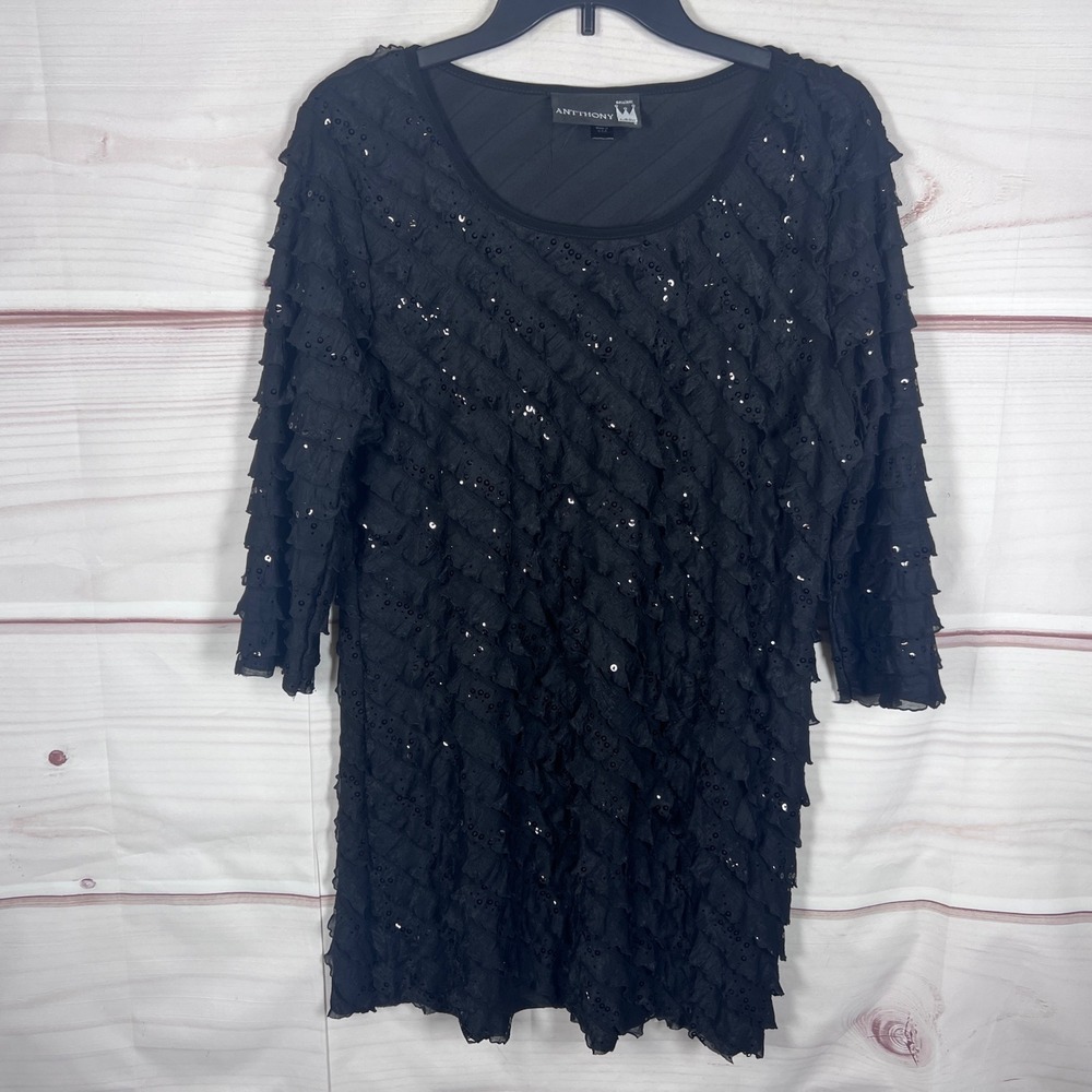 Antthony Tunic Top Womens Large Black Sequin Tiered Ruffle 3/4 Sleeve Scoop Neck